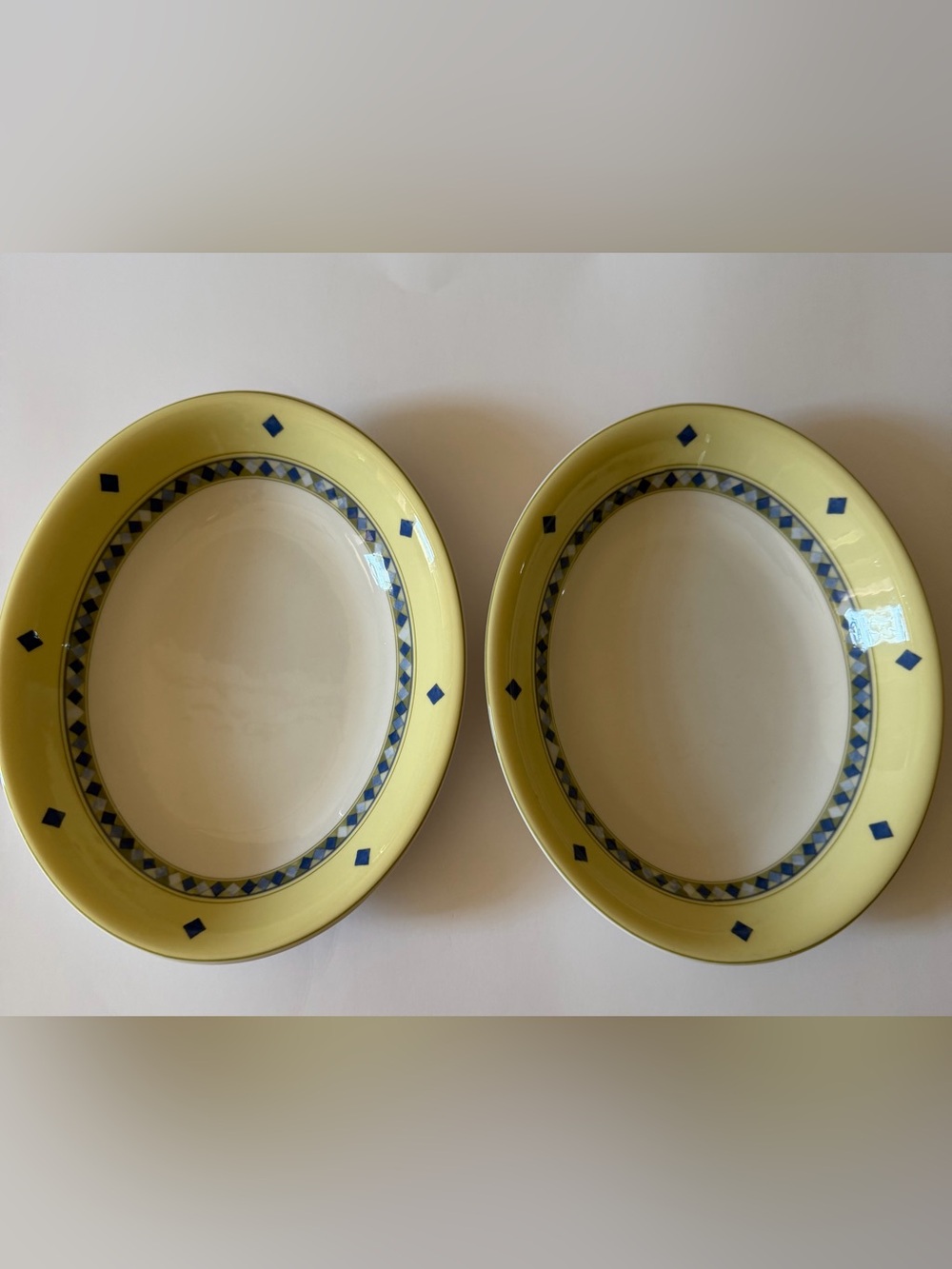 2 Royal Doulton Carmina Yellow Blue Oval Vegetable Bowl Serving Dish 10x8.5”